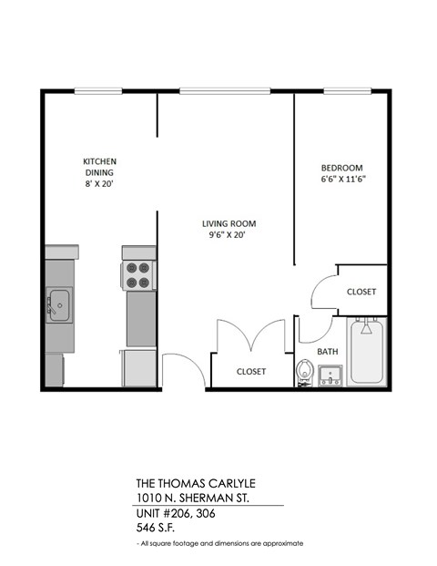 A floor plan of a one bedroom apartment with a living room and kitchen.